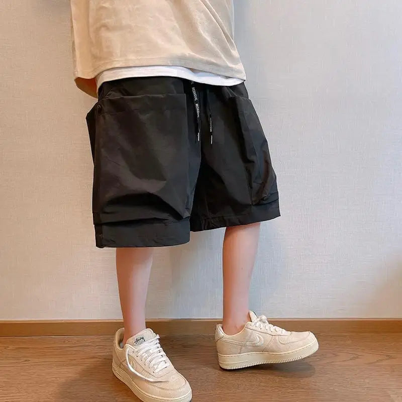 Men Trendy Casual Streetwear Hip Hop Big Pocket Design Cargo Short Pants Y2K 2024 Summer Youth Solid Oversize Baggy Beach Shorts