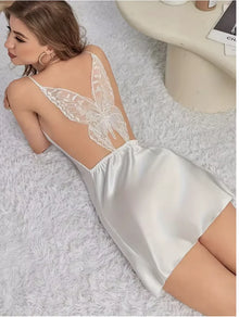 Fashion Solid Color V-neck Home Nightgown Women's Backless Cross Suspender Skirt Butterfly Decoration Simulation Silk Thin Dress
