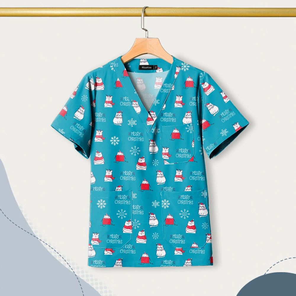 Nursing Uniforms Cartoon Printed Medical Elastic Hospital Doctor Unisex Halloween Christmas Costumes Women Men Nurse Scrubs Tops