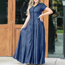 Fashion Casual Elegant Long Dress Summer Cowboy Turn-down Collar Short Sleeve Party Dress for Women Solid Button Design Vestidos