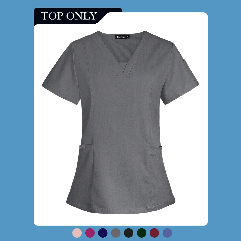 V-neck Short Sleeved Top Fashion Nurse Uniform Dentist Veterinary Work Uniform Unisex Healthcare Nurse Clothing Scrun Women Mens