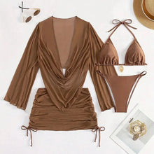 4 Piece Sexy Solid Color Bikini Set With Sheer Cover Up