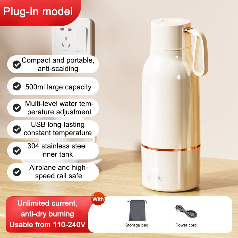 12V/24V/110V/220V Temperature Control Electric Kettle Car Travel Insulation Heating Cup 500ml Hot Water Boiler Coffee Tea Bottle