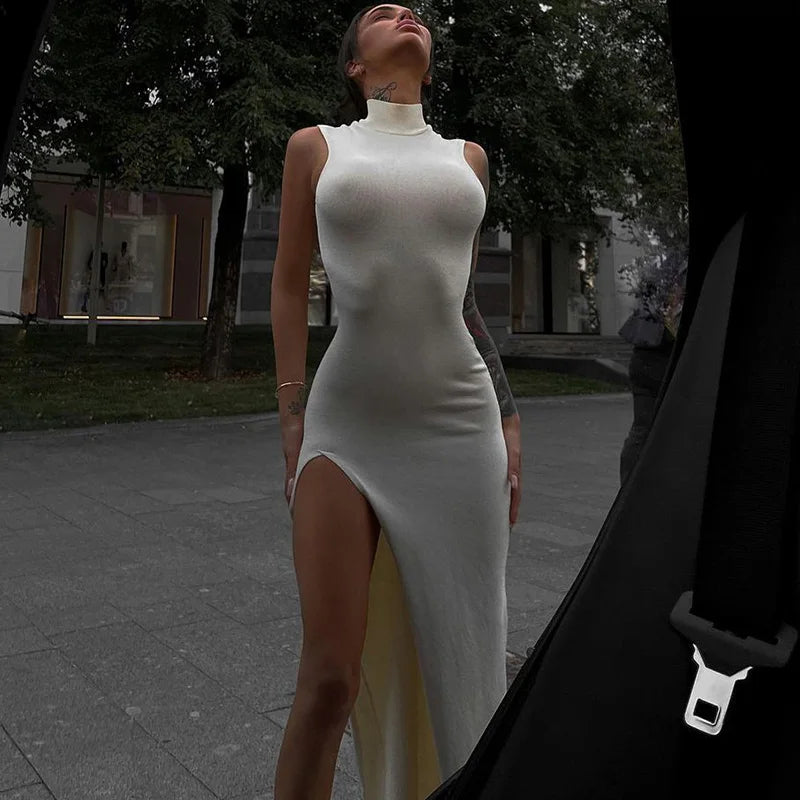 2024 Summer Slit Maxi Dress for Women Elegant Holiday Sexy Sleeveless Club Party Tank Sundresses Solid Clothes