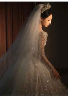 2024 Long Sleeve Beading Wedding Dress  Square Collar Luxury Sweep Train Winter Bridal Gowns Vestido De Noiva Customized