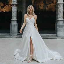 BONJOURY Simple V-neckline Wedding Dress for Woman Bride Satin Pockets Chapel Train Button Vestido De Casamento Drop Shipping