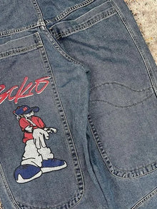 Retro Y2K American Street Style Loose Casual Wide Leg Denim Jeans Big Pocket Pattern Print Trendy mid Waist Cotton Blend