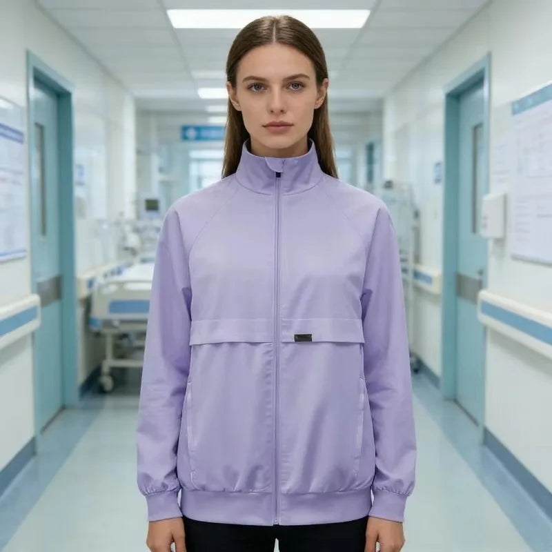 Surgical gown jacket, long sleeved jacket, stand up collar with multiple pockets, medical brush gloves, nurse work clothes