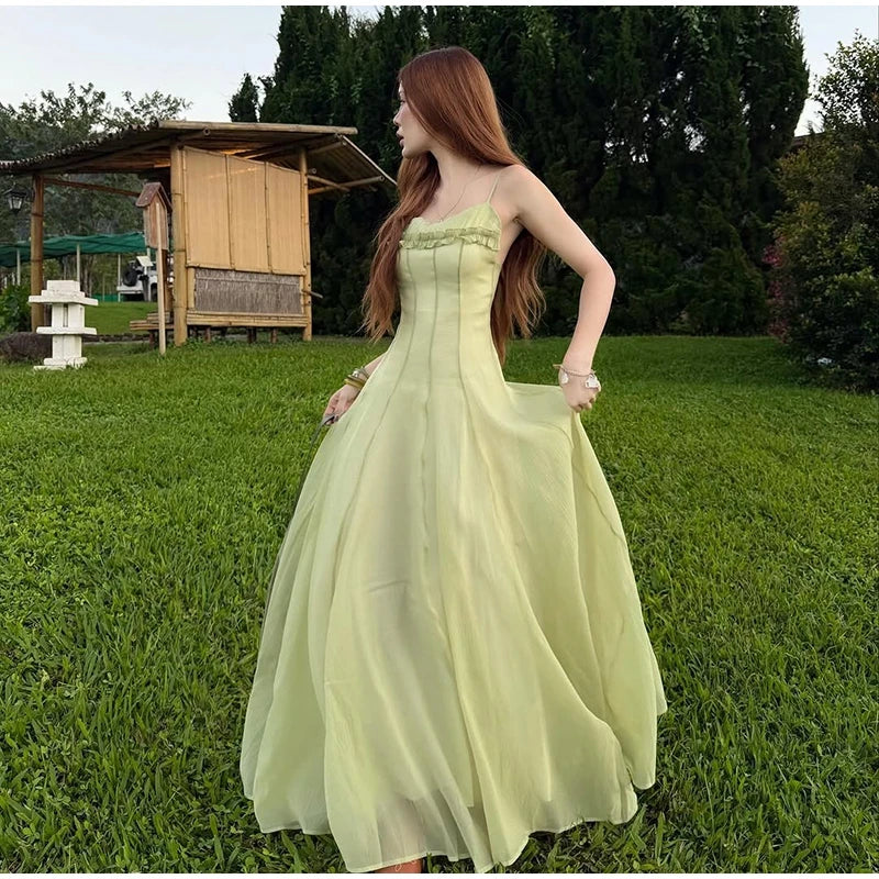 Spaghetti Strap Chiffon Lace Trim Flared Dress Sleeveless Waist Cinched 2026 Summer Formal Women Gown Chic Causal Lady Vestido