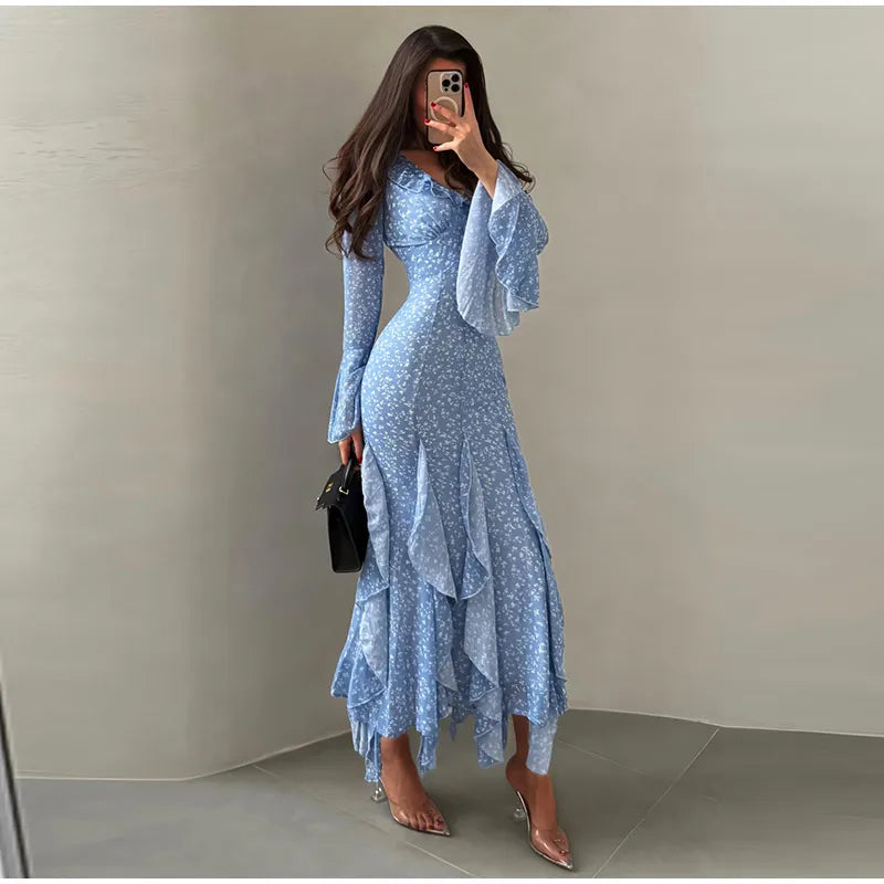 Women Printed V Neck Long Dress Flared Sleeve Lotus Leaf Edge High Waist Slim Fit Maxi Dresses Lady Elegant Evening Party Dress