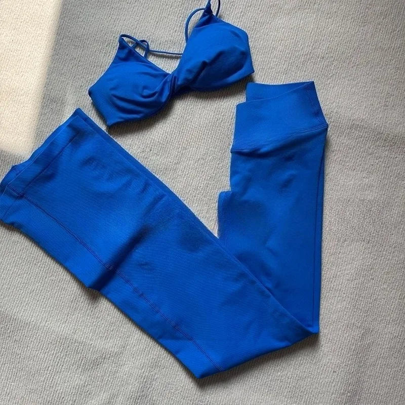 NO LOGO 2 Pieces Flared Legging Set Women Twist Front Sports vest Top Wide Leg Yoga Pants Seamless Yoga Set Tracksuits Workout