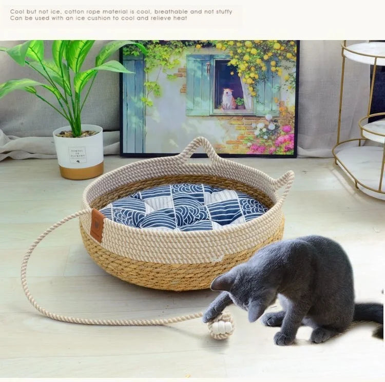 Vine Woven Cat Bed Pet Bed All-weather Comfortable Sleep 35/40cm Cat Bed Circular Cat House Puppy Bed Home Pet Supplies