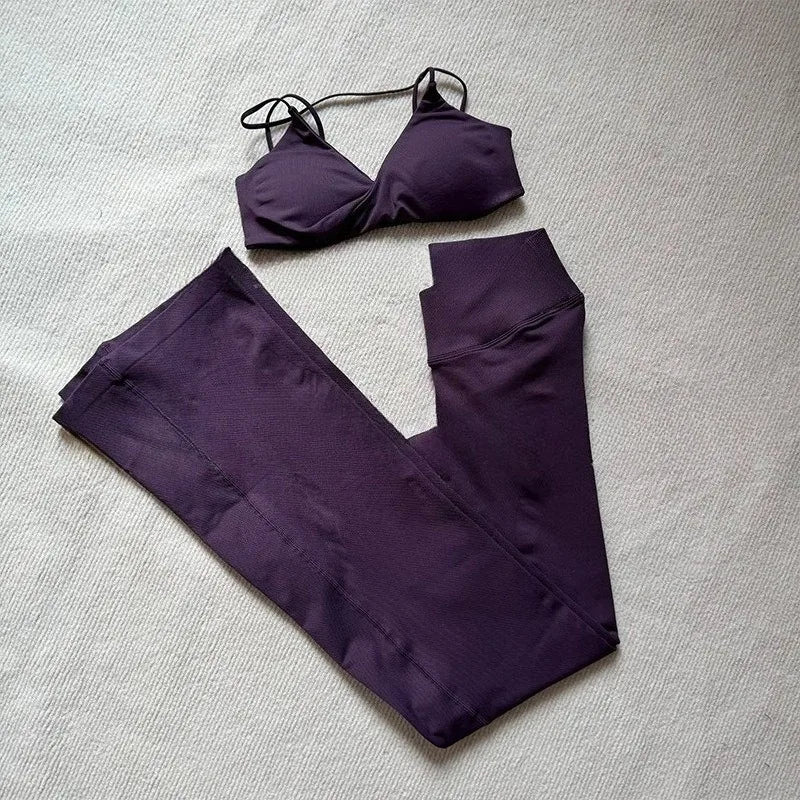 NO LOGO 2 Pieces Flared Legging Set Women Twist Front Sports vest Top Wide Leg Yoga Pants Seamless Yoga Set Tracksuits Workout