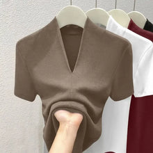 Women Threaded New Summer Short Sleeved Top for Fashion Versatile Base Shirt Plus Size Slim Fit V-neck Casual and Sexy T-shirt