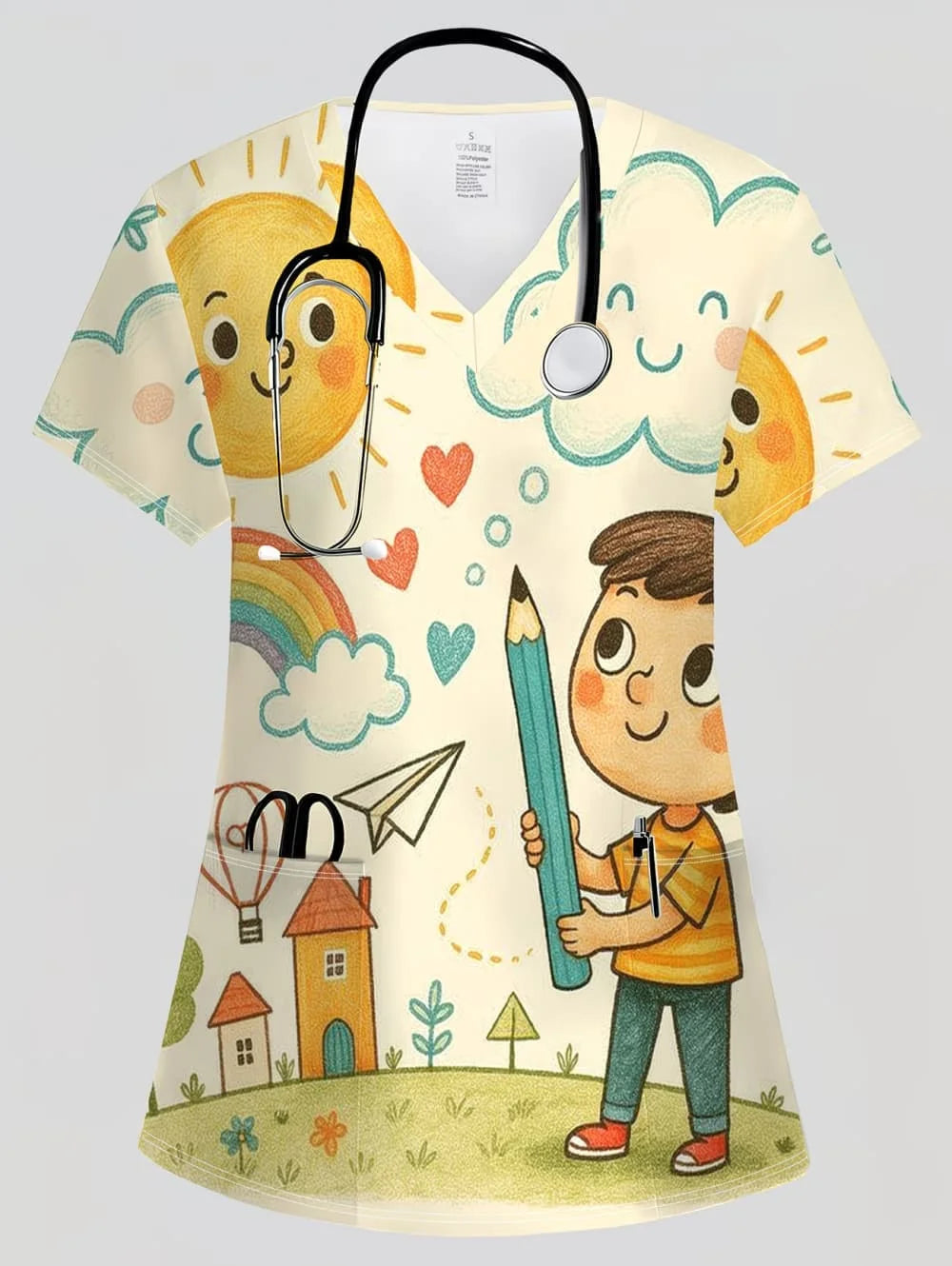 Surgical Uniforms Woman Tooth Cartoon Print Summer Nursing V-Neck Short Sleeve Tops Fashion Dental Microelastic Medical Uniform