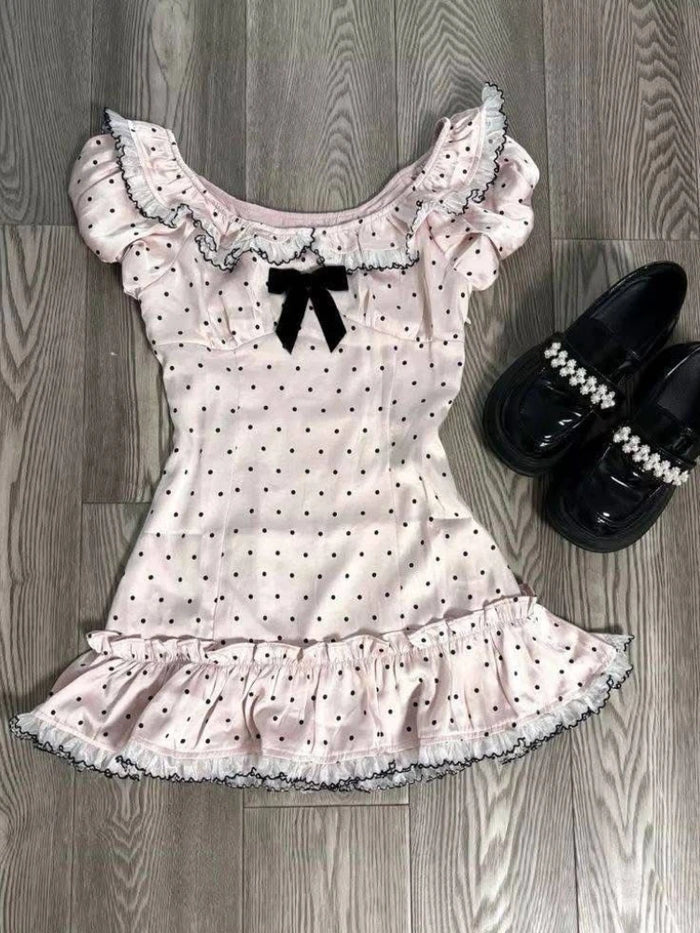 Hauts d'été pour femmes, mode coréenne, style doux avec nœud, style vintage mignon, chemisier Y2K à pois, coupe ajustée, dentelle japonaise, manches courtes, vêtements des années 2000
