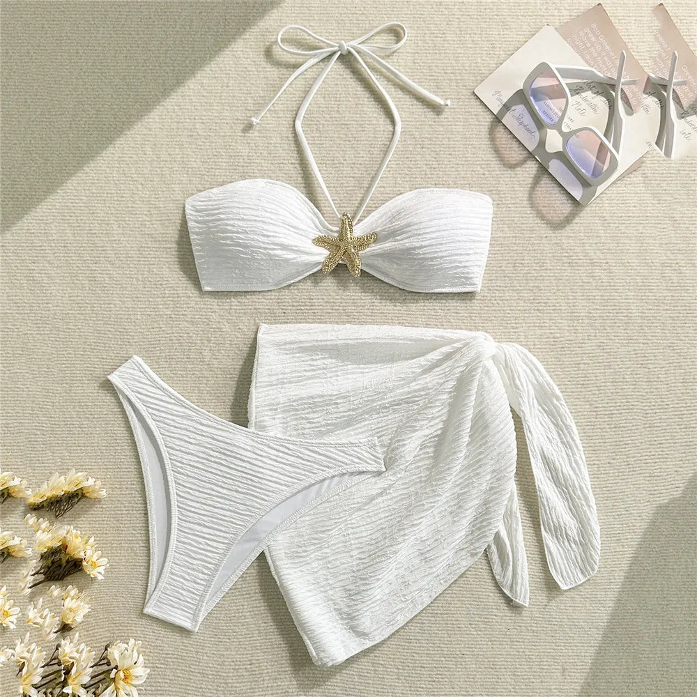 Brown Starfish Bandeau Bikini Set Three Piece Cover Up Women