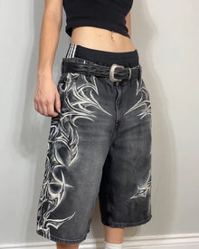 American Retro Gothic Halloween Geometry Graffiti Print Denim Shorts Men Women Y2k Low Waist Baggy Knee Length Jeans Jorts Short