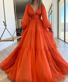 Bridalaffair Pleat Tulle Princess Prom Gown V-Neck Long Puff Sleeve Plus Size Evening Gown Elegant Dress Women for Wedding Party