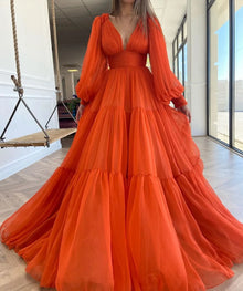 Bridalaffair Pleat Tulle Princess Prom Gown V-Neck Long Puff Sleeve Plus Size Evening Gown Elegant Dress Women for Wedding Party