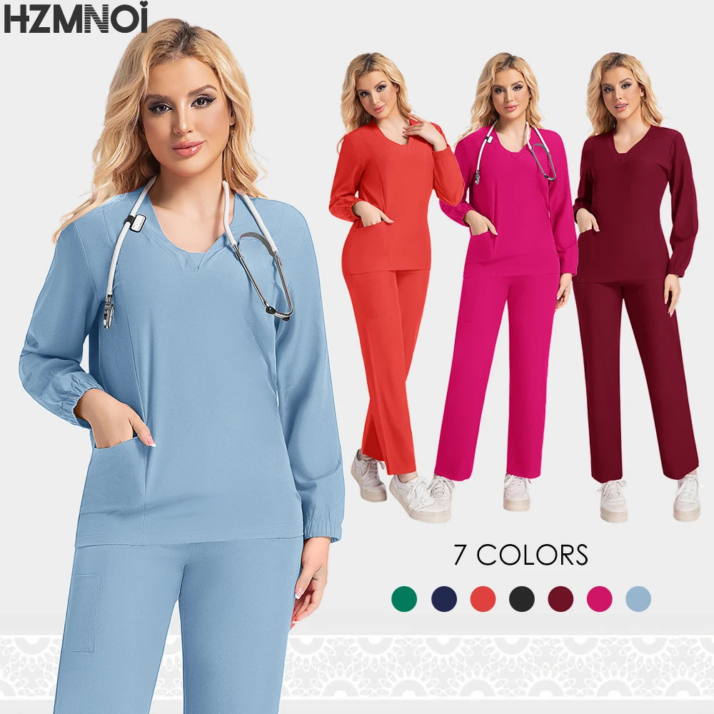 New Scrubs Nurse Uniforms Long Sleeve V-neck Top+Straight Pants Women Multicolor Nursing Scrubs Set Pet Doctor Medical Workwear