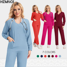 New Scrubs Nurse Uniforms Long Sleeve V-neck Top+Straight Pants Women Multicolor Nursing Scrubs Set Pet Doctor Medical Workwear