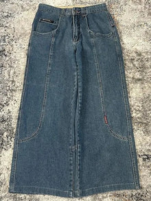 Retro Y2K American Street Style Loose Casual Wide Leg Denim Jeans Big Pocket Pattern Print Trendy mid Waist Cotton Blend