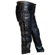 Pantalon de moto en cuir noir pour homme, style jean à lacets latéraux, pantalon en cuir épais