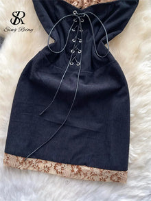 Singreiny Lace Up Mini Dress Slim Patchwork Lace Summer