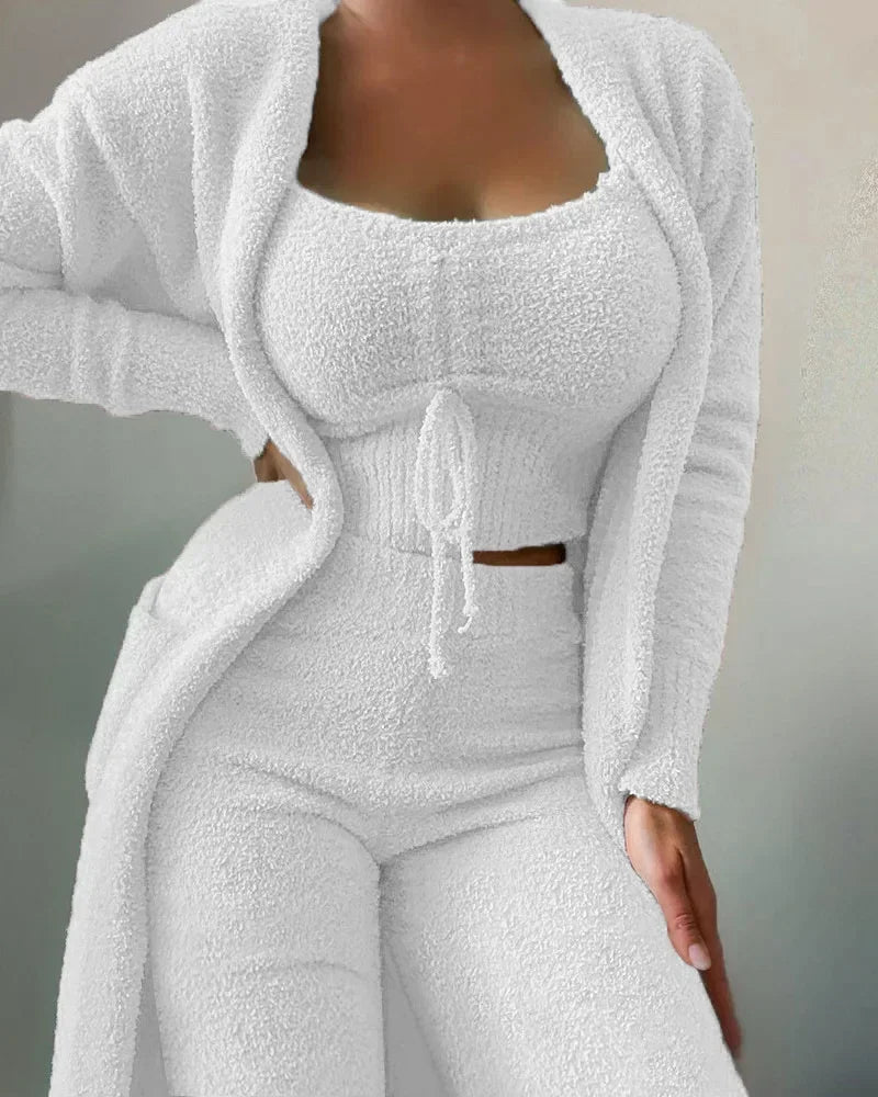 2026 New Luxury Women's Plush Pajamas Set Crop Top+Long Pants+Coat 3 Pieces Suit Homewear Female Matching Sets Warm Pyjamas Pjs
