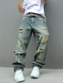 Y2K Distressed Skinny Jeans for Men Ripped Vintage High-Waisted Hip-Hop Streetwear Style