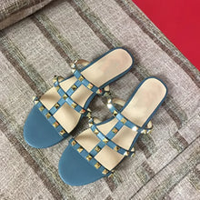 Women Soft Leather Stud Flat Shoes Open Toe Summer Black White Brown Slippers Seam Retro Leisure Slides EU34-43 Big Gold Rivets