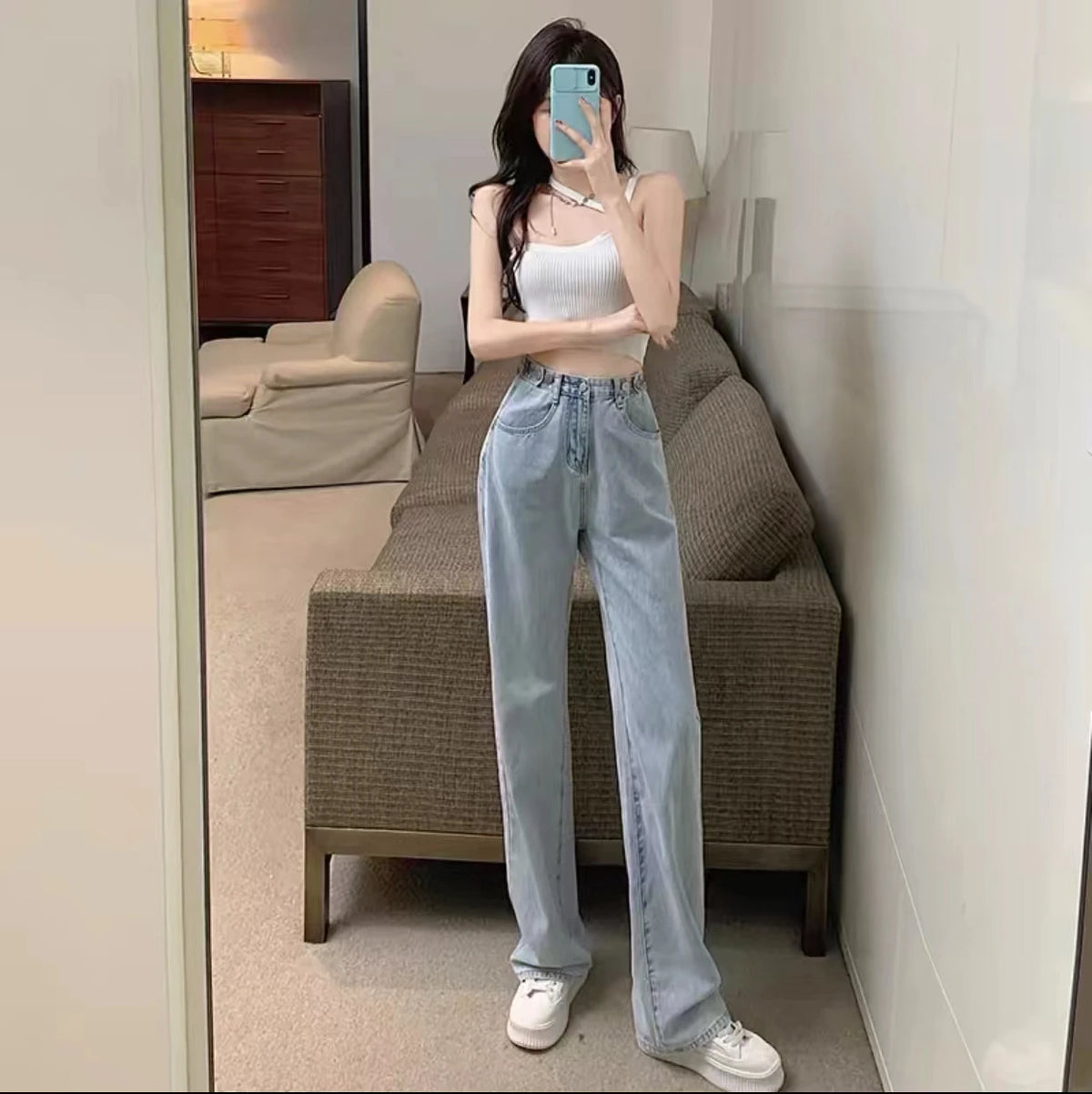 Jean droit déchiré tendance pour femme, printemps-été, taille haute, coupe large décontractée, design amincissant, jean en denim décontracté