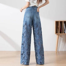 Y2k Women's cute jeans High Leg Waisted Wide  2025 Spring Summer Fashion Hollow Lace Patchwork Denim Pants
