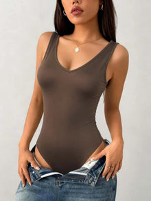 Women Sleeveless V Neck Bodysuit 2 Pack Form Fitting Solid Color Tank Bodysuit