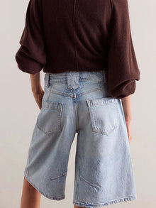 New Womens Knee Length Denim Shorts Solid Color Low Waist Wide Leg Jean Shorts For Summer Club Street Style S-2XL
