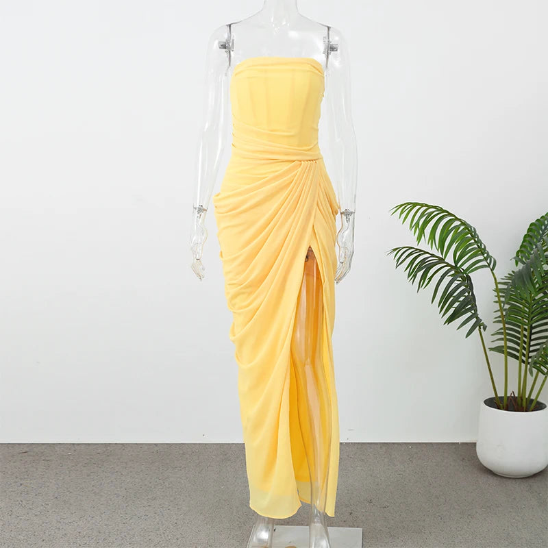 Women Strapless Pleated Long Dress Elegant Solid Split Sleeveless Backless High Waist Slim Fit Maxi Dresses 2026 Lady Party Robe