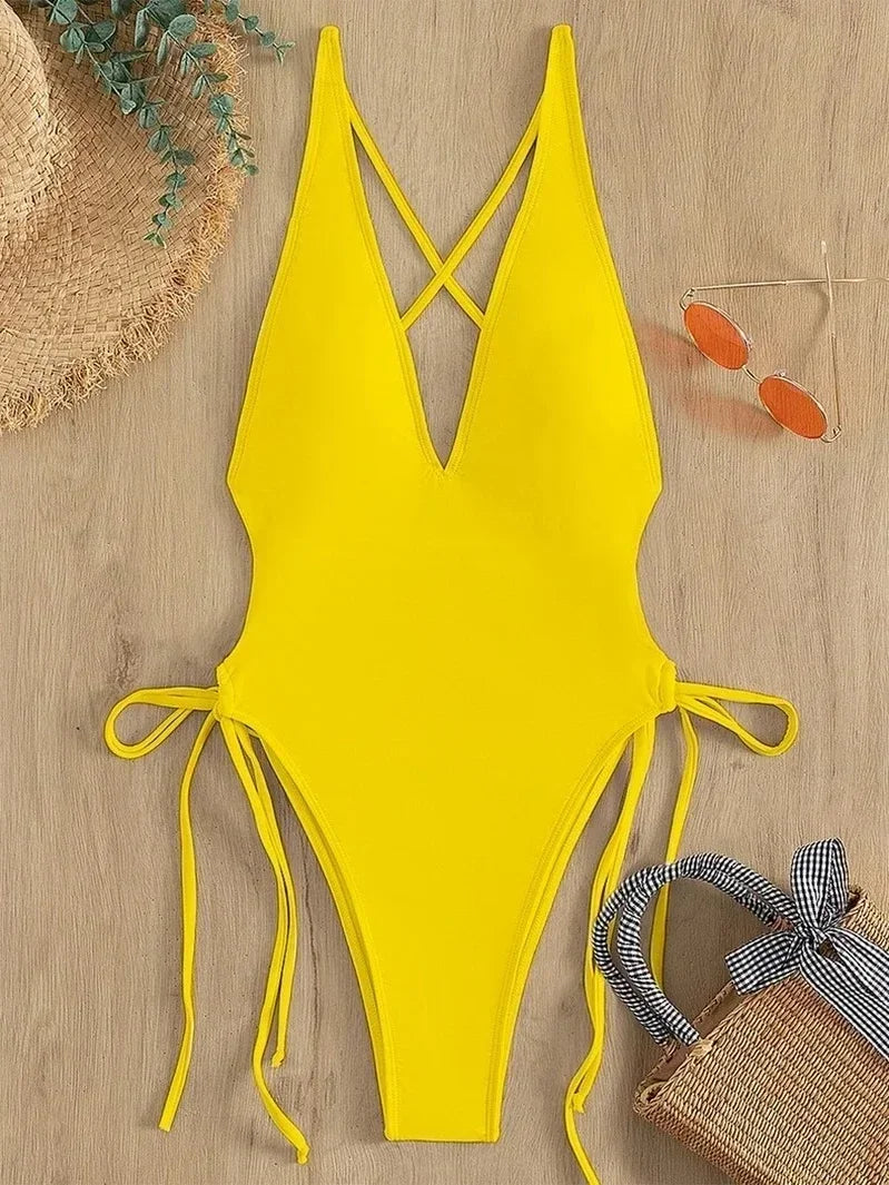 Solid Lace Up One Piece Swimsuit For Women Push Up Beachwear