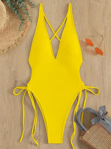 Solid Lace Up One Piece Swimsuit For Women Push Up Beachwear