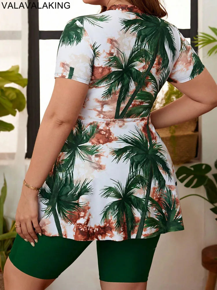 2026 Print 2 Piece Plus Size Tankini Women High Waist Large Big Swimsuit Short Sleeve Lady Swimwear Chubby Curvy Bathing Suit
