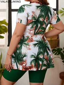 2026 Print 2 Piece Plus Size Tankini Women High Waist Large Big Swimsuit Short Sleeve Lady Swimwear Chubby Curvy Bathing Suit