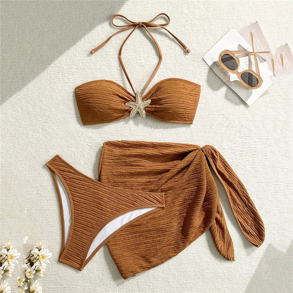 Brown Starfish Bandeau Bikini Set Three Piece Cover Up Women