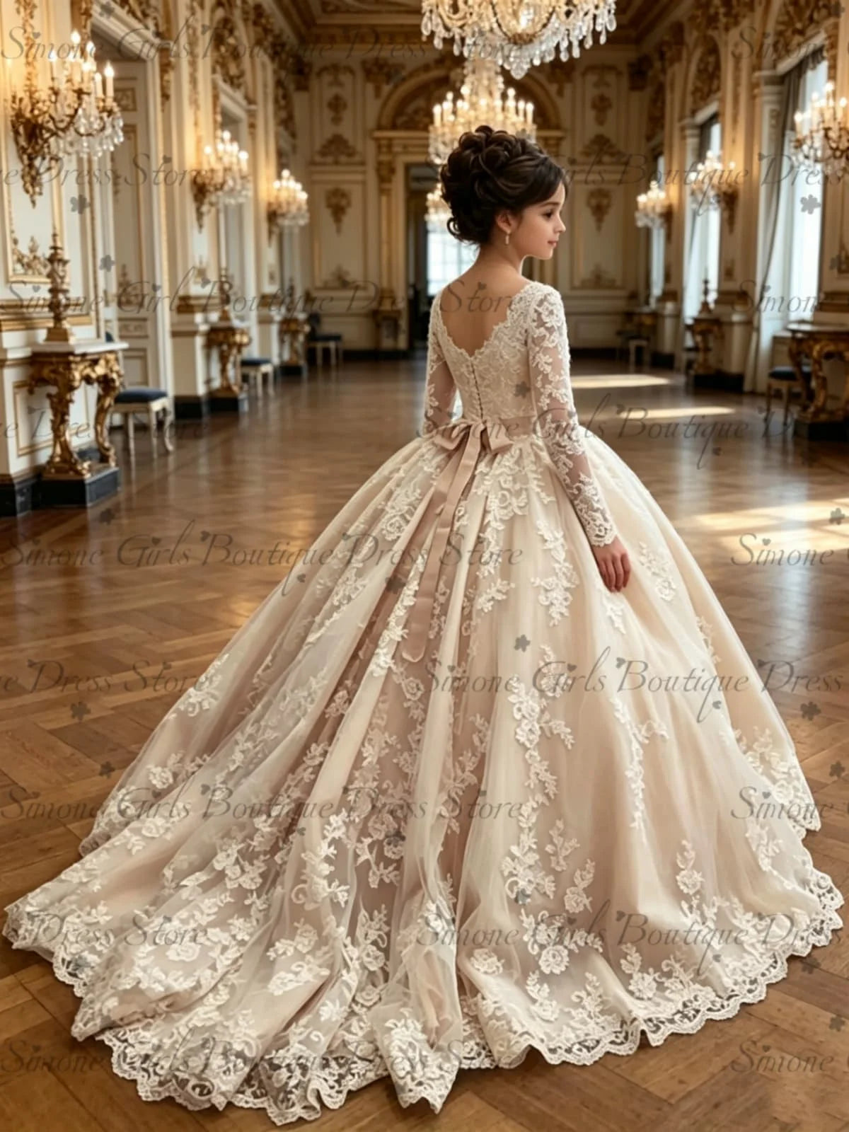 Pink Long Sleeve Flower Girl Dress with Bow/Train Kids Beaded Lace Wedding Party First Communion Dress Customized Birthday Gown