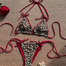 Red Leopard Bikinis Sets Bowknot Triangle String Backless Swimsuit Push Up Halter Extrem Swimwear Thong Women Beach Bathing Suit