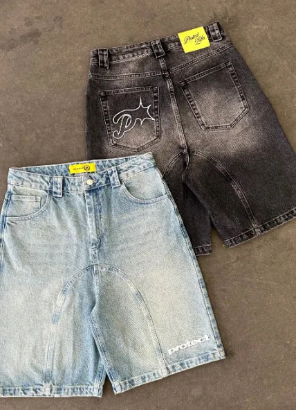 Vintage Y2k Men Women Harajuku Short Jeans Washed Embroidery American Retro Man Denim shorts Summer Loose Hip Hop Streetwear