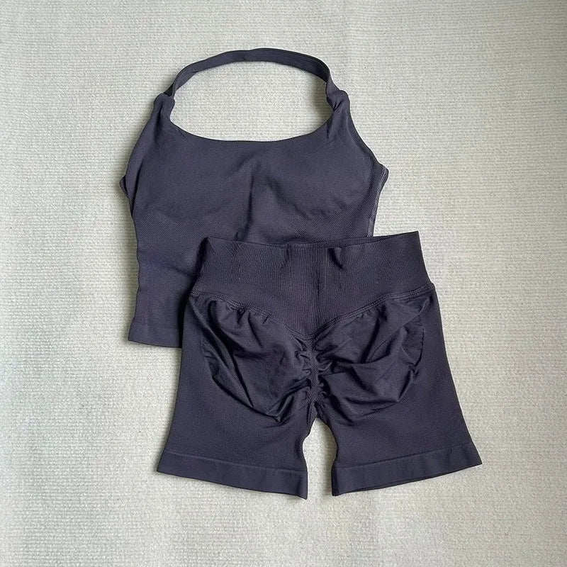 NO Logo Gym impact shorts set Strap Top Women's Long Line Strap Vest Pads Yoga Clothes Fitness Exercise Running Sports Clothes