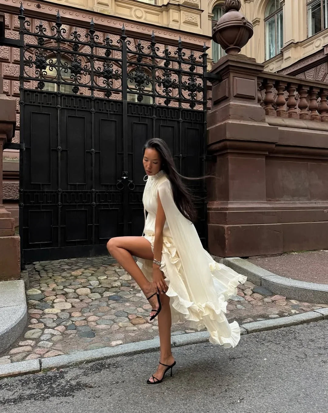 Women Solid Cloak Long Dresses Fashion Stand Neck Lace Sleeveless Ruffle Irregular Hem Dress 2025 New Summer Street Lady Gown