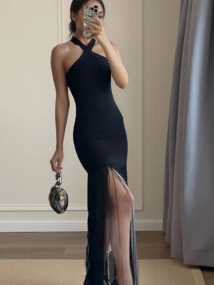 Women Tassel Patchwork Halter Maxi Dress Chic Solid Sleeveless Off-shoulder Slim Slit Dresses Fashion Lady Vacation Party Gowns