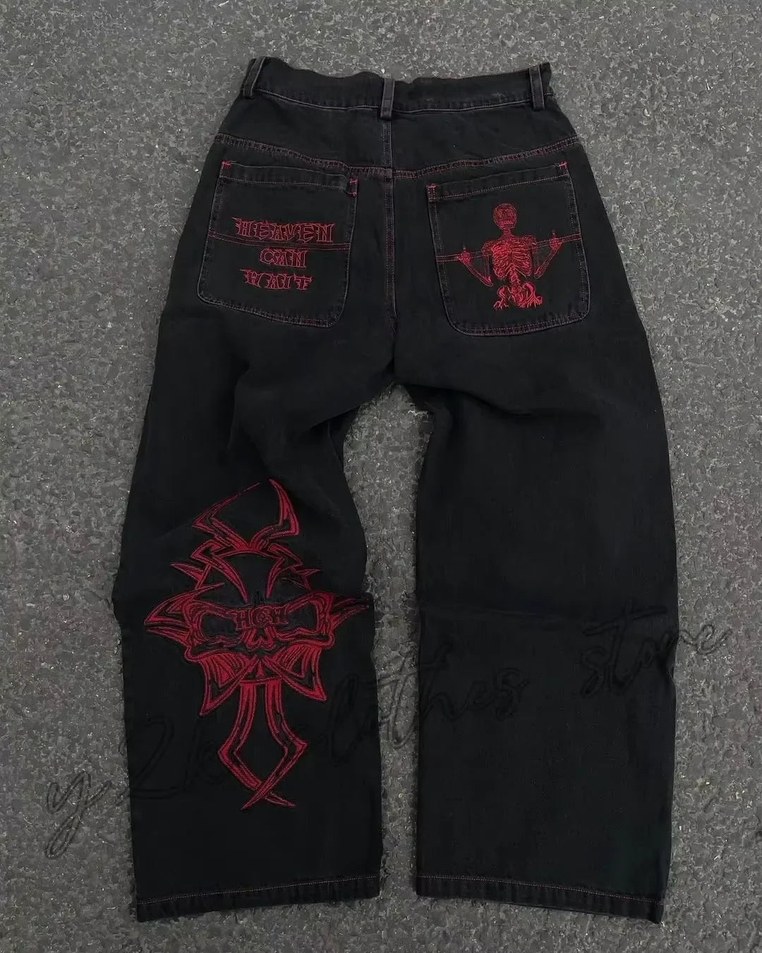 Retro Skull Embroidery Y2K Jeans Mens Hip Hop Washed Baggy Denim Pants New Straight Casual Loose Wide Leg Trouser Streetwear
