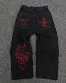Retro Skull Embroidery Y2K Jeans Mens Hip Hop Washed Baggy Denim Pants New Straight Casual Loose Wide Leg Trouser Streetwear